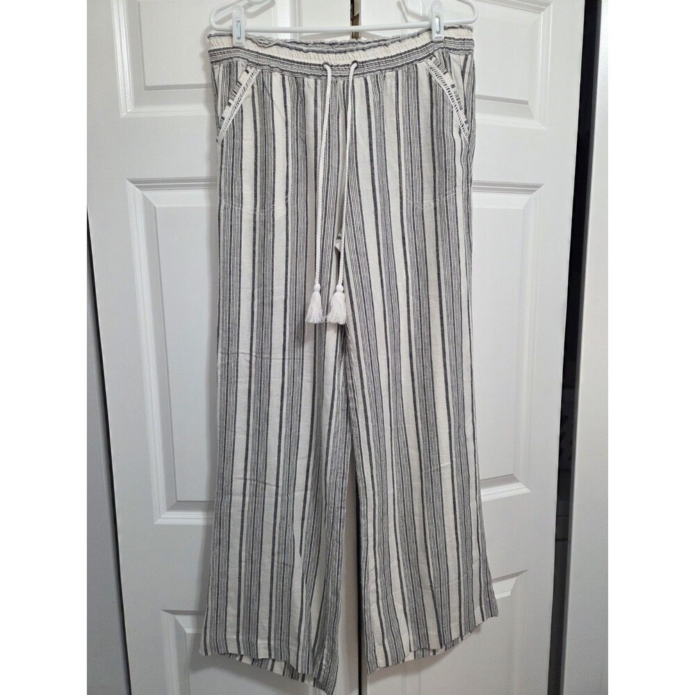 Jolt Linen Wide Leg Striped Pants, White and Gray, Womens Size 11/30W